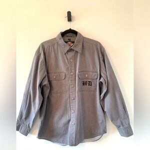 Harley Davidson Motorcycle L Sleeved Pinstripe Grey Button Snap Dress Shirt Sz M